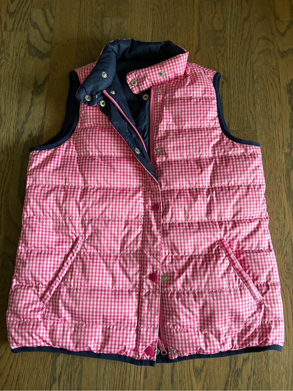 J. McLaughlin Down filled Pink Gingham/Navy reversible Quilted Vest